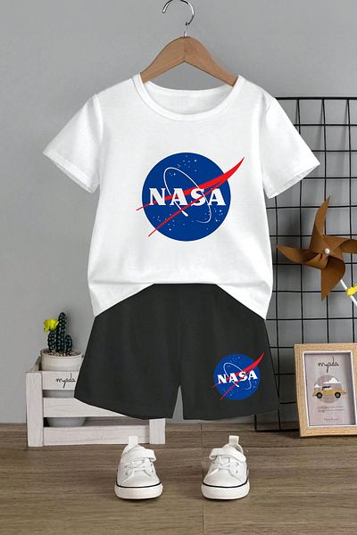 MYADA Unisex Kids Set - Crew Neck, Elastic Shorts, Nasa Printed Set of 2 12445