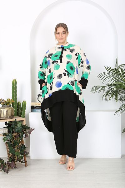 XL Modam Plus Size Green Mink Tunic and Trousers Set - Woven Viscose