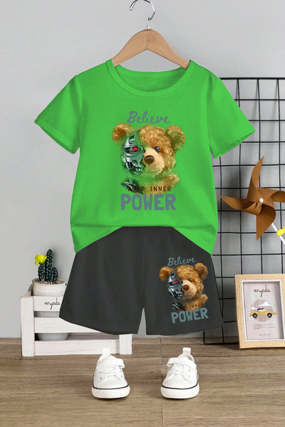 MYADA Παιδικό σετ 2 τεμαχίων εμπριμέ ρομπότ αρκούδας Believe Power - Crew Nec...