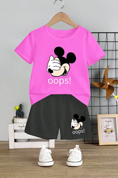 MYADA Oops! Set pentru copii cu imprimeu Miki - Gâtul turn, pantaloni scurți elastici, set text de 2 12449