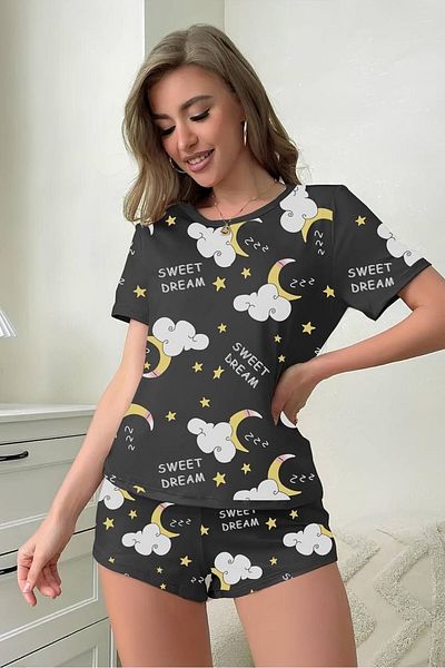 Cesur Women's Short Sleeve Shorts Set BlackMoon3