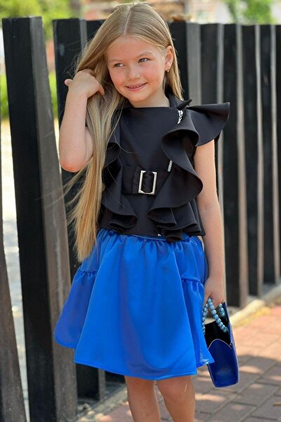 Riccotarz Дівчачий комплект з асиметричною блузою та спідницею з поясом, синій