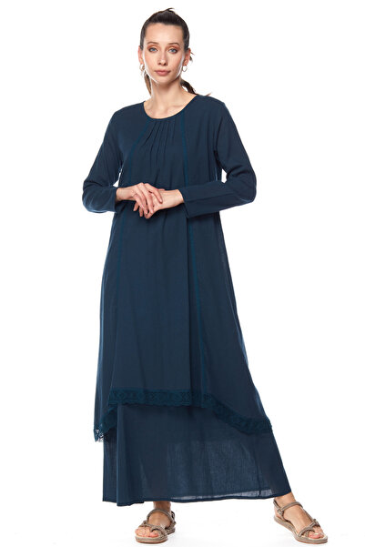 Newbutix Şile Bezi Petrol Uzun Kollu Dantel Detaylı Elbise