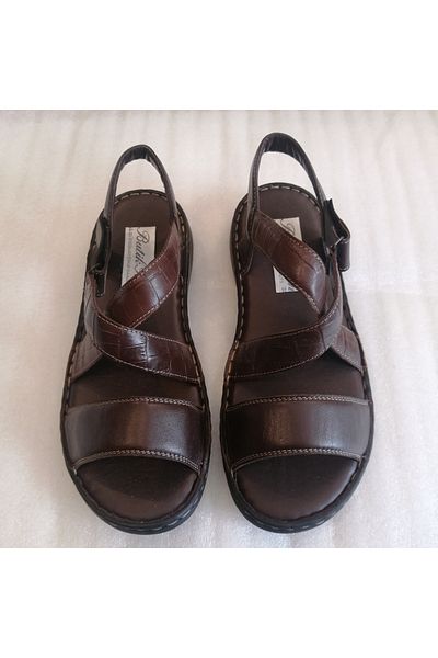 Butik Tülin Unisex Genuine Calf Leather - Brown Crocodile, Cross Band, Velcro, Soft Polyurethane Sole Sandals