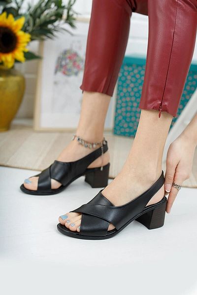 Akgün Terlik Black Genuine Leather Women's Heeled Sandals
