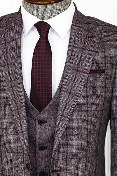 Wessi Slim Fit Ekose Bordo Erkek Takım Elbise - Wessi
