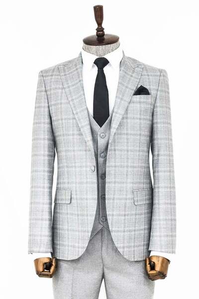 Wessi Açık Gri Ekose Ceketli Slim Fit Takım Elbise - Wessi