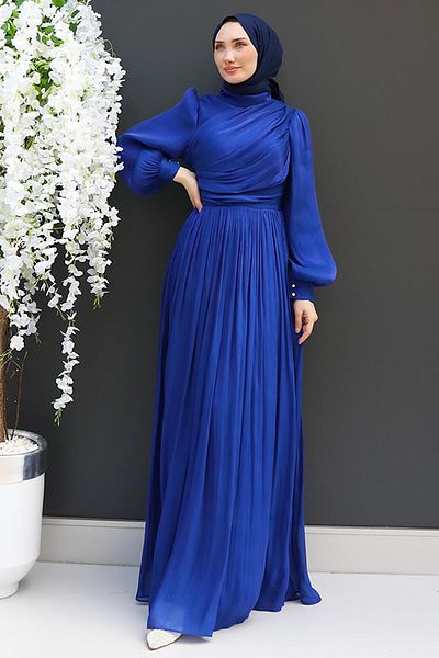 GİZ AGİYİM Νυχτερινό Μπλε Μεταξωτό Φόρεμα Hijab