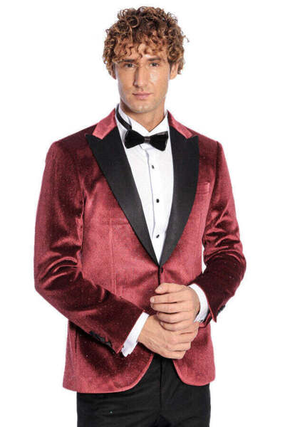 Wessi Simli Slim Fit Kadife Bordo Erkek Smokin Ceket - Wessi