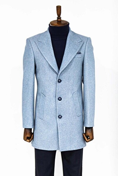 Wessi Açık Mavi Geniş Yaka Yün Erkek Kaban - Wessi