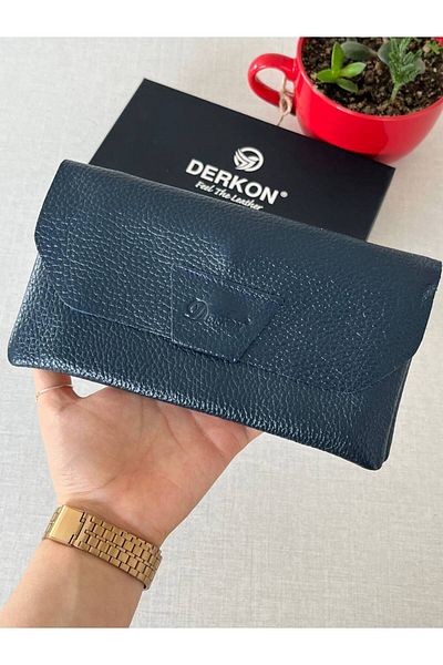 DERKON Navy Blue Genuine Leather Wallet - Natural Model, with Phone Compartment