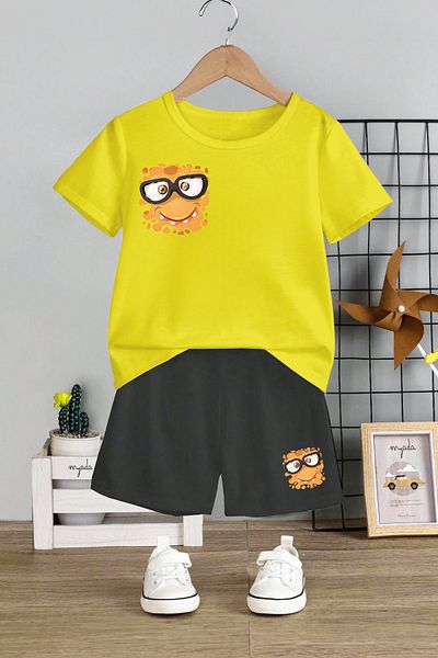 MYADA Crew Neck and Smiling Face Printed Children's Set with Elastic Shorts - 11074