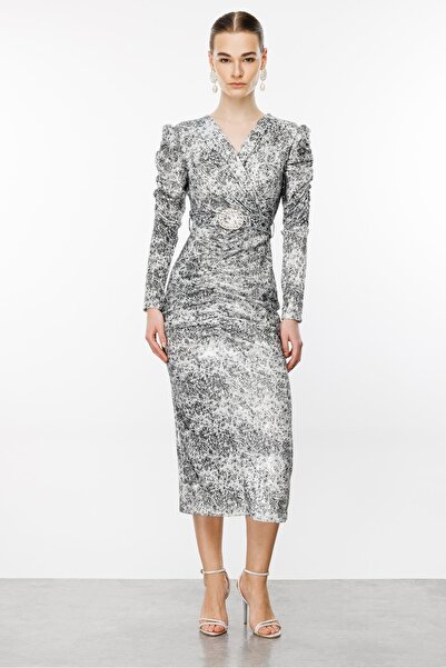 Nefeli Büzgü Detaylı Kruvaze Payet Elbise