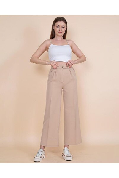 Livik Tess Beige Γυναικείο Παντελόνι Palazzo - Διπλό Κουμπί, Super High Loose 90's