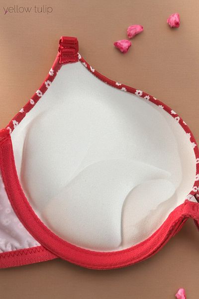 Yellow Tulip Red Floral Pattern Push Up Bra - Double Support