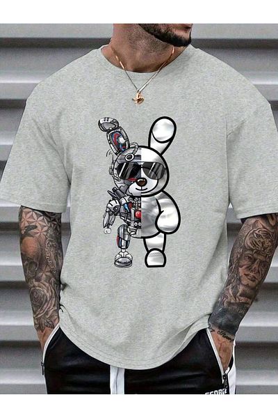 Hunors Sportswear & Company Gray Oversize Robotic Rabbit Printed Men's T-Shirt - Short Sleeve