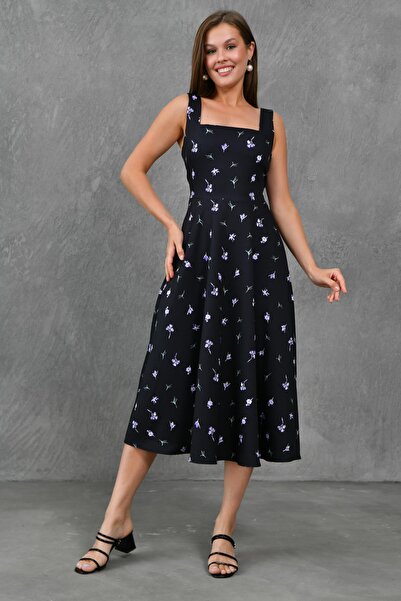 lovebox Flared Cutout Square Collar Midi Black Floral Atlas Evening Dress - Homecoming Dress 151