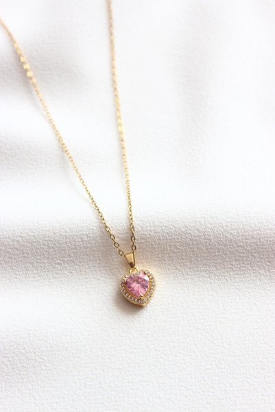 Dazzlecave Stainless 316L Steel Necklace - Perfect Heart with Pink Stones - Anti-Allergic and Non-Tarnish Necklace