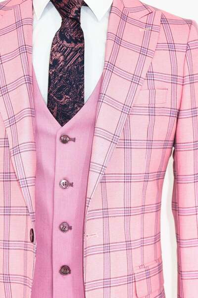 Wessi Ekose Ceketli Desenli Slim Fit Pembe Erkek Takım Elbise - Wessi