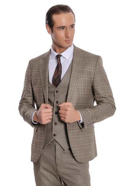 Wessi Ekose Ceketli Slim Fit Kahverengi Erkek Takım Elbise - Wessi