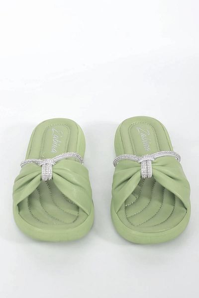 SUNSTEP Zabina Mint Rugy - Flat Sole Summer Slippers with Thin Bands and Stone Detail