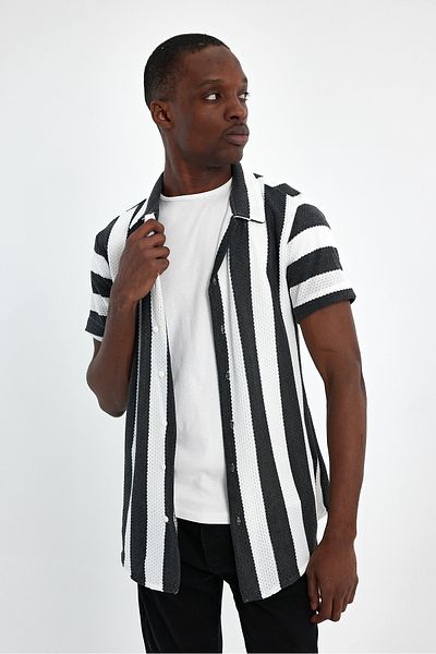 CLIPMAN Men's Slim Fit Striped Cotton Shirt - Apache Collar, Short Sleeve, Anthracite White