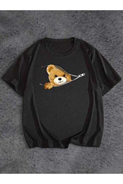 PERISENSE Tricou oversize cu imprimeu urs cu fermoar pentru bărbați și femei