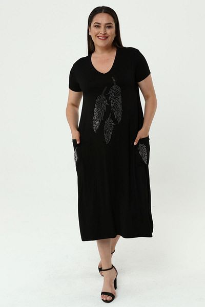 Ebsumu Women's Large Size Leaf Stone Printed Black Dress