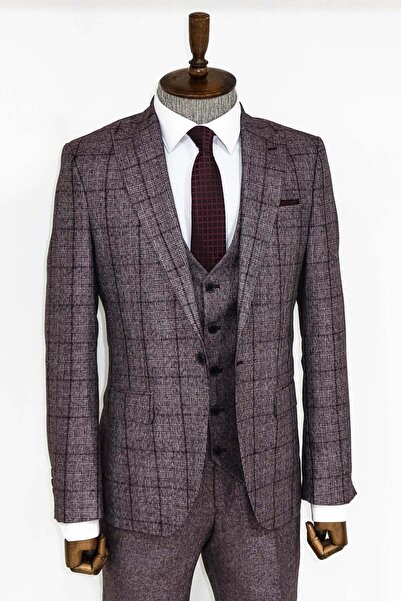 Wessi Slim Fit Ekose Bordo Erkek Takım Elbise - Wessi