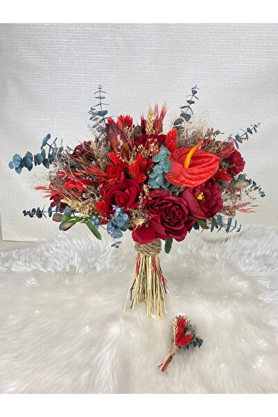 Buketlife Kırmızı renk anatoryum okaliptus kuru çiçekli gelin çiçeği ve yaka ...