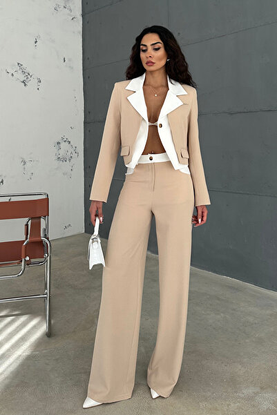 Ortaya Çık Μπεζ Σετ Παντελόνι και Μπουφάν Palazzo - Διπλό Χρώμα