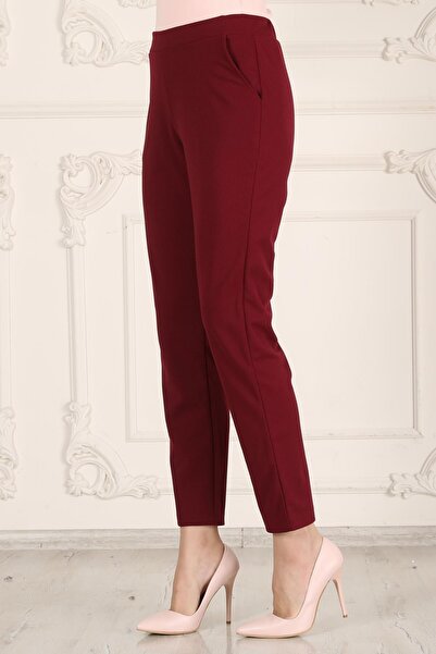Seamoda Large Size Crepe Skuba Trousers - Carrot Cut, Rubber Waist, Pocket, Claret Red