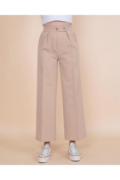 Livik Gold Bej Çift Düğmeli Kadın Salaş Kumaş 90's Süper Yüksek Salaş Paç Palazzo Pantolon