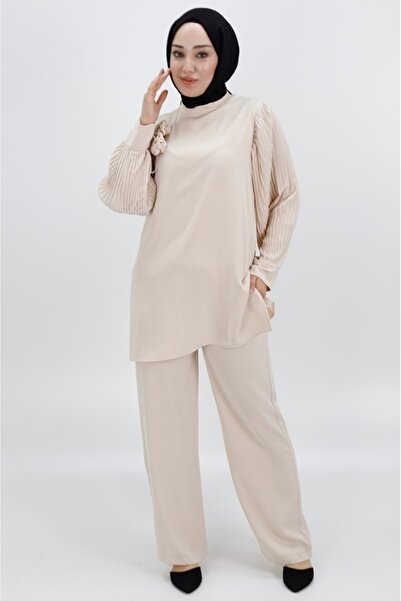 BYCOOLEST BUTİK JESSICA KUMAŞ KOLLARI PİLİSELİ VE BROŞLU İKİLİ TAKIM