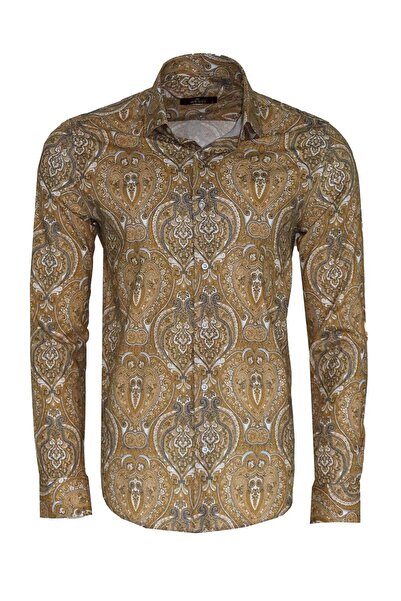 Bej Desenli Slim Fit Gömlek - Wessi
