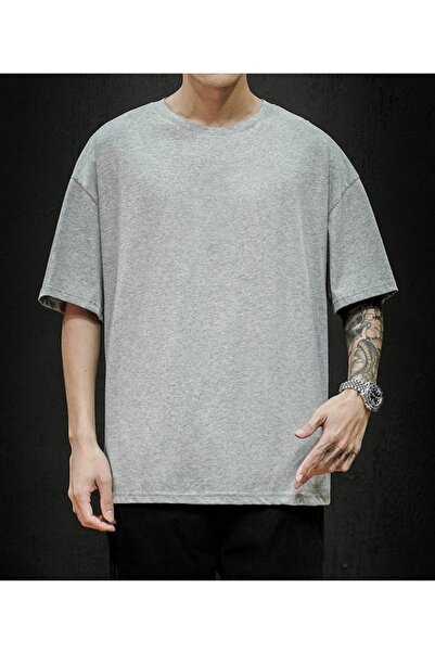 FİTGO Tricou pentru bărbați, gri oversize cu guler rotund