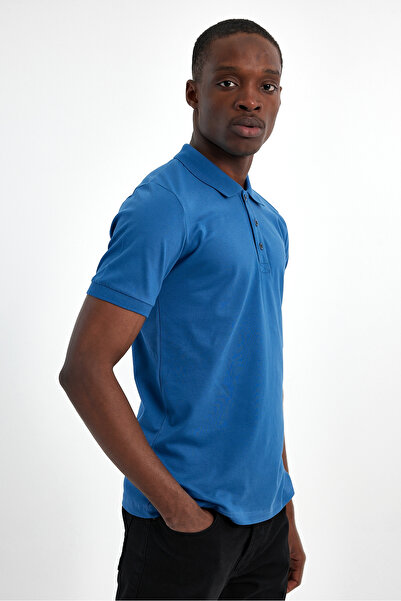 CLIPMAN Синя футболка з коміром поло для чоловіків, з бавовняної тканини, не тягнеться