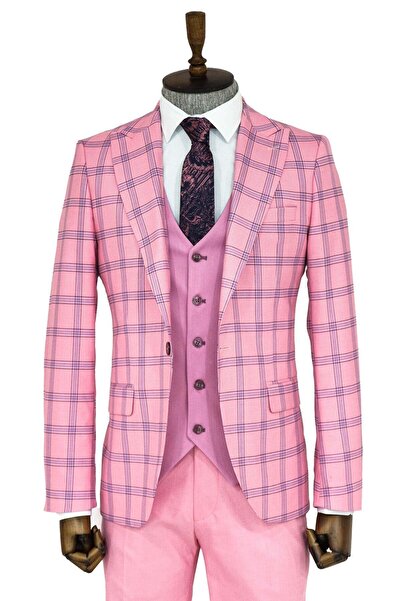 Wessi Ekose Ceketli Desenli Slim Fit Pembe Erkek Takım Elbise - Wessi