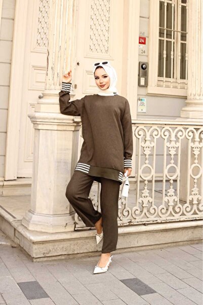 ECK MODA Γυναικείο σετ από ύφασμα από λινό χακί