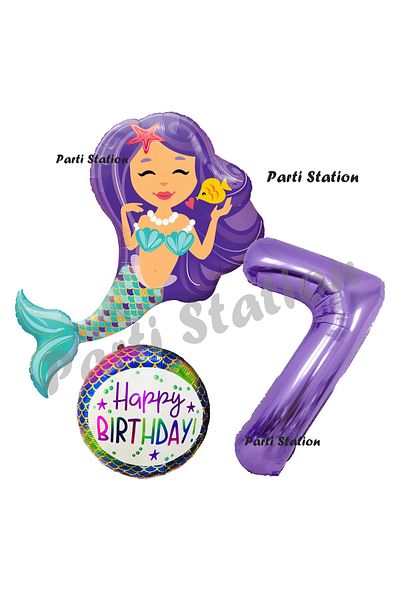Parti Station 7 Year Old Mermaid Concept - Mermaid Purple Number Balloon Set, for Birthday Party