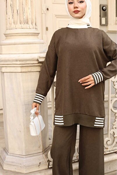 ECK MODA Γυναικείο σετ από ύφασμα από λινό χακί