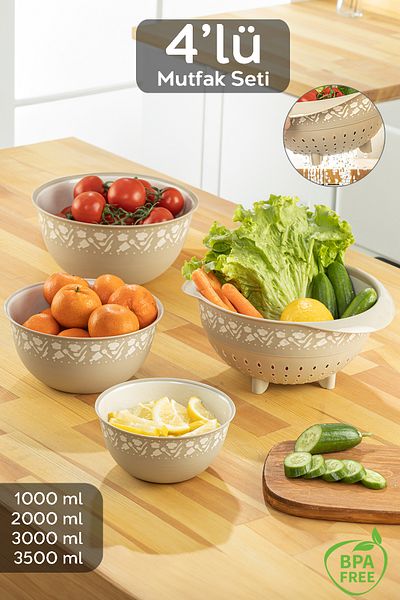 Meleni Home 4-Piece Round Bowl and Strainer Set, Multi-Purpose Bowl Set, Whisk, Badya Set with Strainer Beige