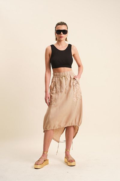 VERDA Asymmetric Cut Linen Skirt - Lace Guipure and Pocket