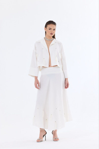Bohai Design White Otrish Feather Stoned - Special Design Skirt and Jacket Set