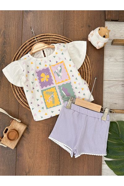 Bolly Baby Flexible Summer Baby Girl Set - Geometric Pattern Scalloped Shorts