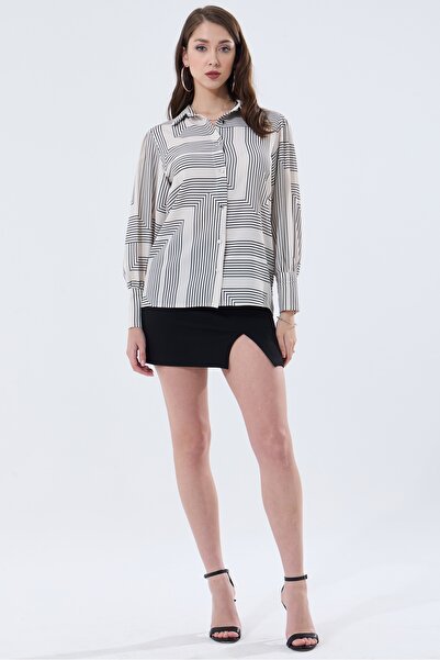 MD trend Geometric Patterned Oversize Women's Shirt - Balloon Sleeve and Shoulder Gathered