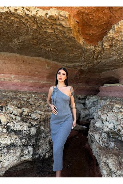 kenza'a One Shoulder Rose Detailed Women's Knitwear Dress