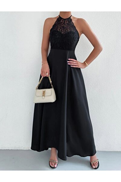 Styling Park Dantel Detaylı Sırt Dekolteli Şık Uzun  Abiye Elbise