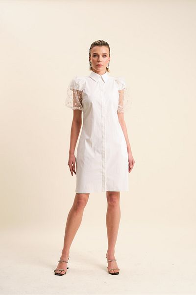 VERDA Cotton Shirt Dress - Polka Dot Sleeves and Tulle Detail