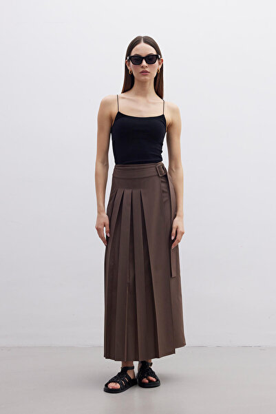 Manuka Brown Pleated Double Breasted Skirt